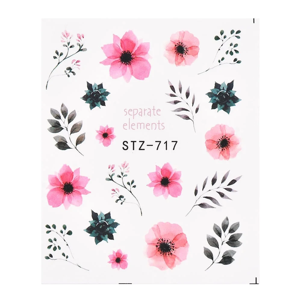 Coloful Flower Leaf 3D Stickers on Nails Decoration Tattoo Water Decals Nail Sticker UV Gel Slider Manicure Wraps-Nail Inspo