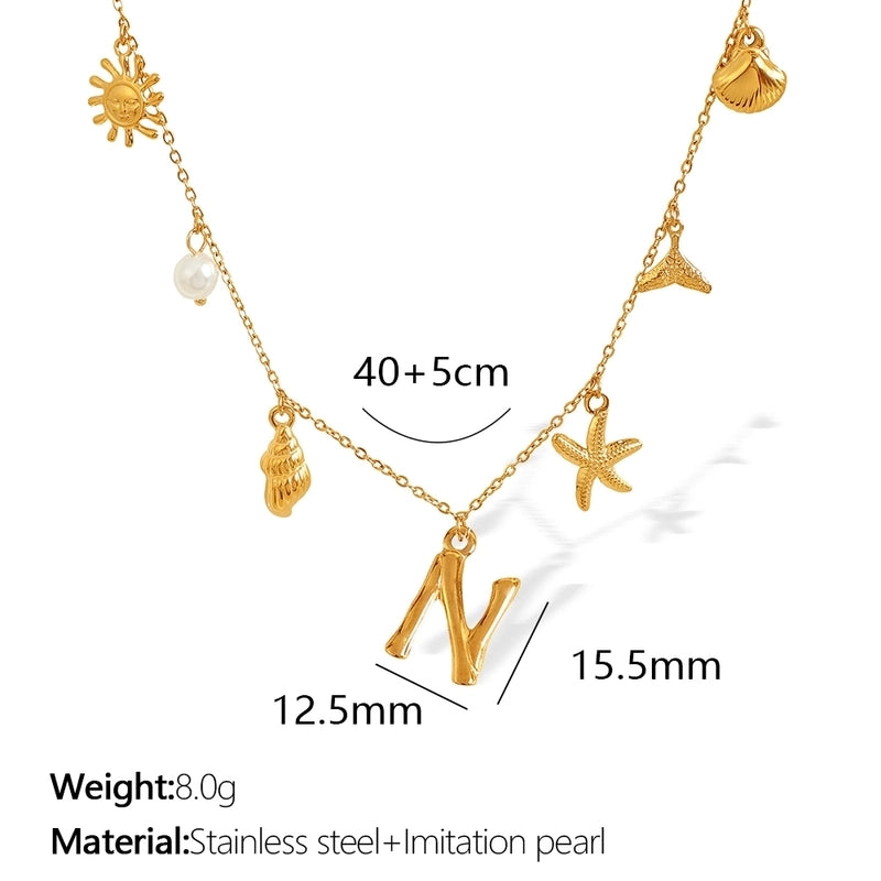 Beach Starfish 304 Stainless Steel Artificial Pearls 18K Gold Plated Polishing Inlay Pendant Necklace