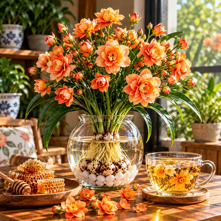 Tea flowers growing in garden