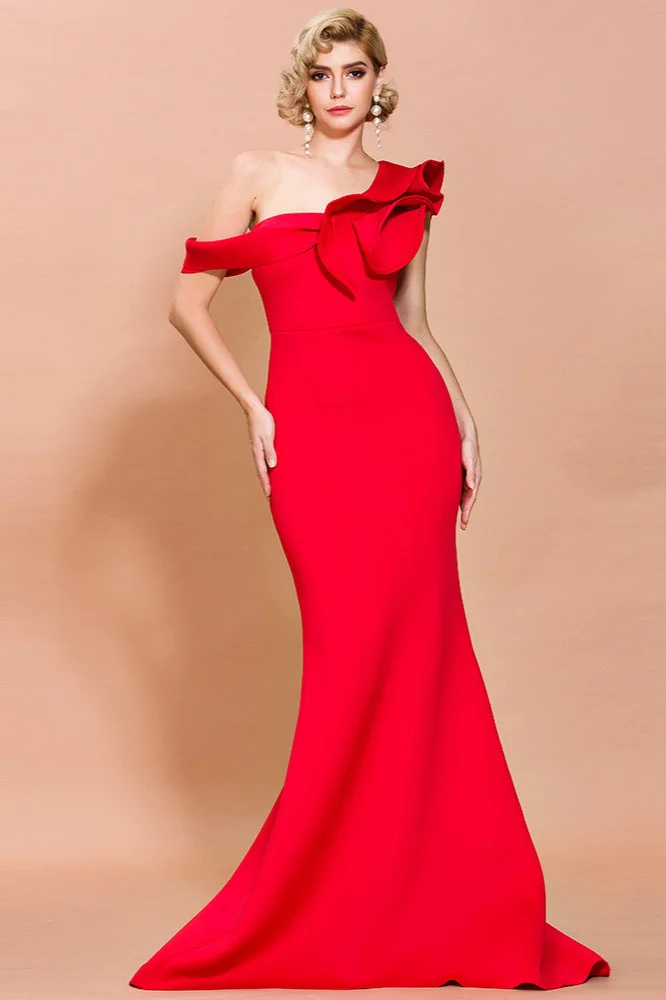Chic Red Off-the-Shoulder Mermaid Prom Dress With Ruffles - lulusllly