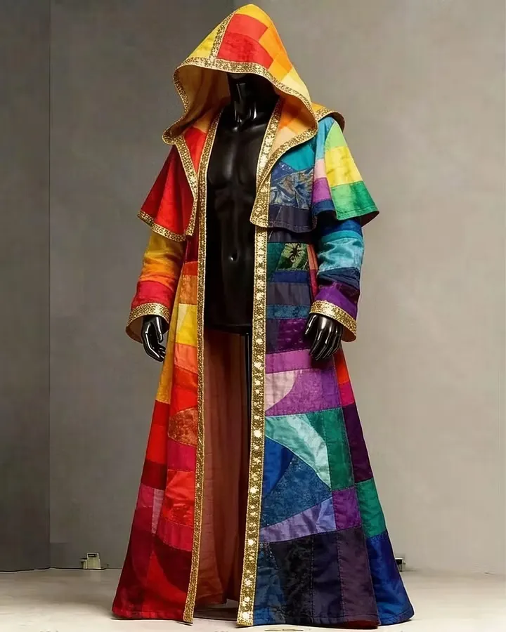 Men's Fashion Rainbow-Colored Linen Hooded Cape 7698