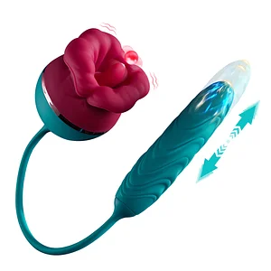 3in1 Big Mouth Rose -shaped Vibrator With 9 Tongue Licking & 6 Thrusting G Spot Dildo