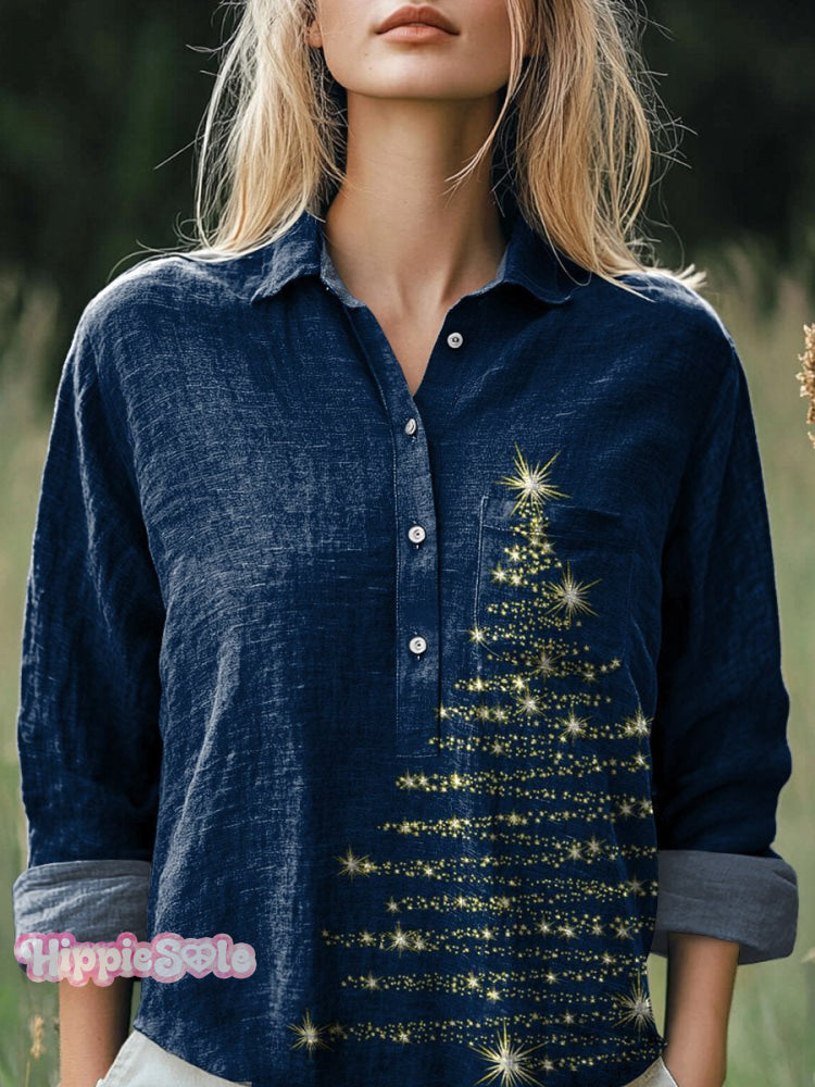 Glittering Christmas Tree Art Printed Women&rsquo;s Casual Cotton And Linen Shirt Multicolor / S
