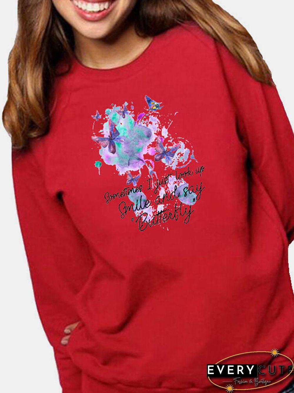 Butterfly Letters Printed Long Sleeve O-neck Sweatshirt For Women