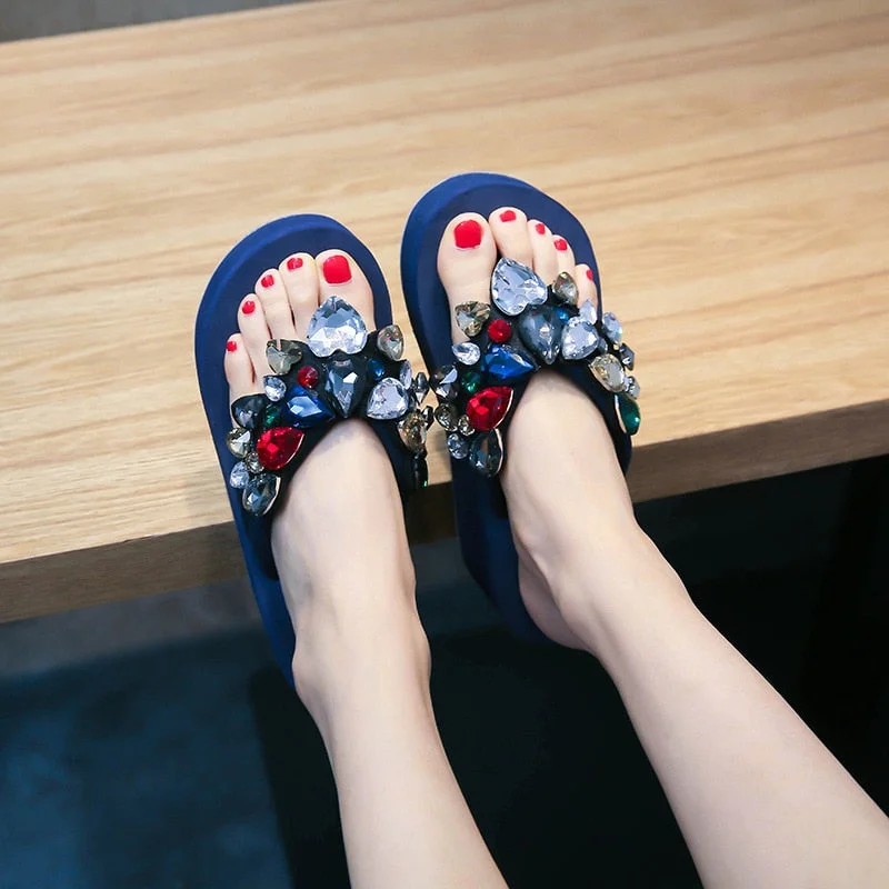 6cm High Heel Women's Beach Holiday Sandals, Rhinestone Wild Non-slip Women's Shoes Rhinestone Shoes Women  House Slippers