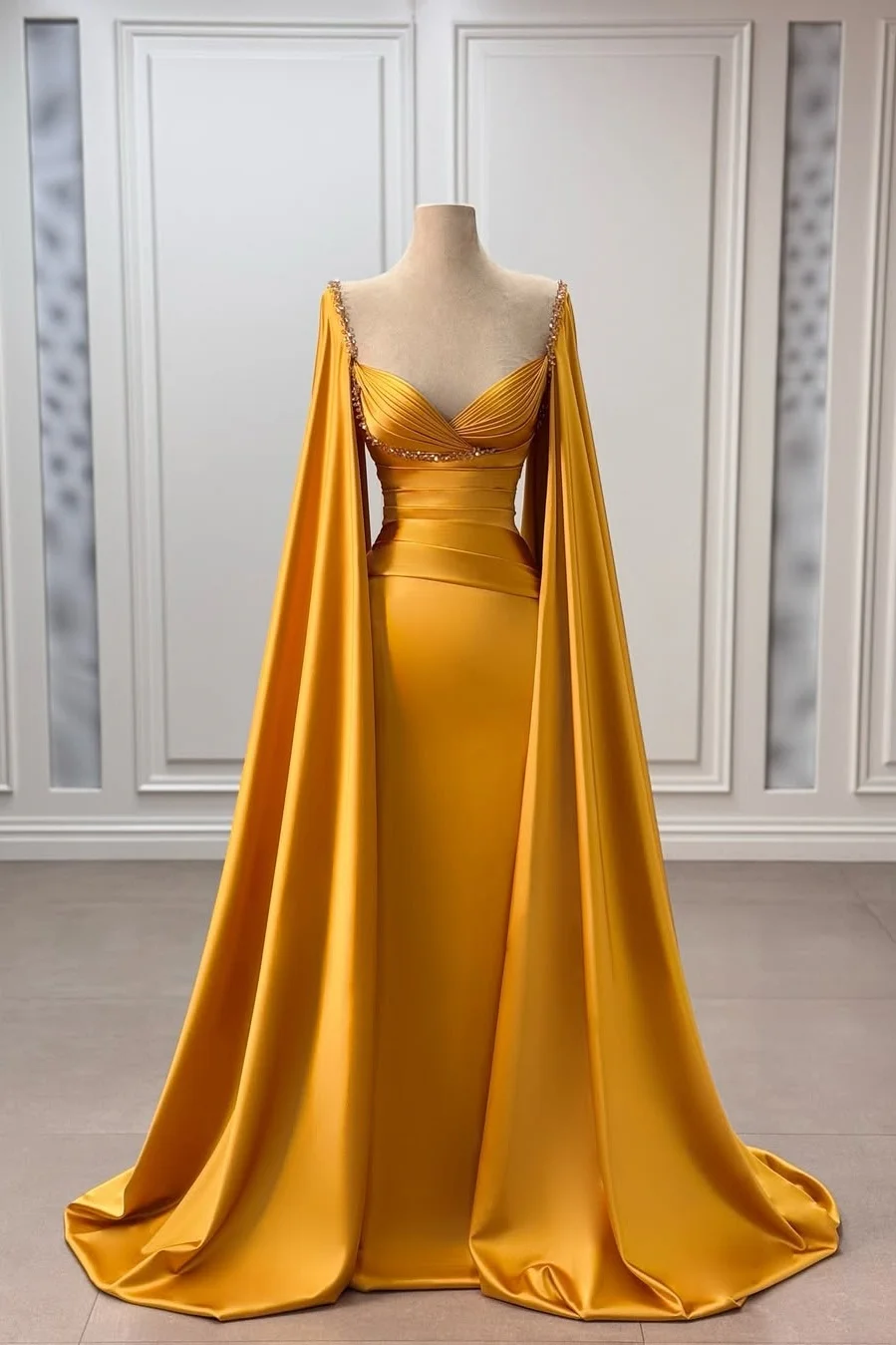 Daisda Gorgeous Long Sleeves Deep V-Neck Beads Pleated Mermaid Prom Dress