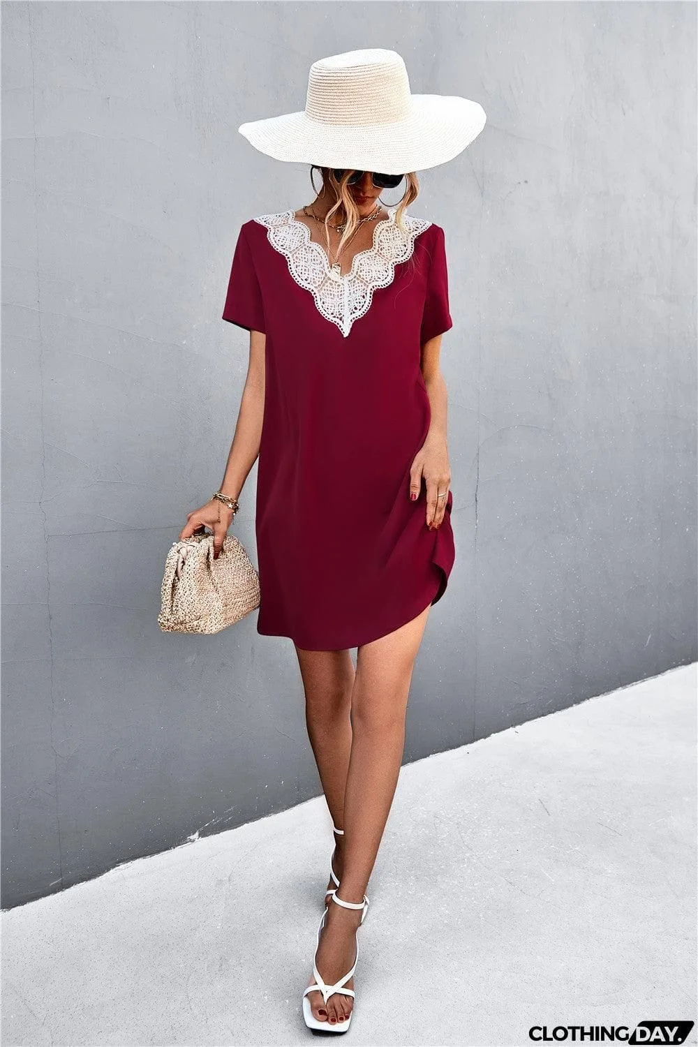 Spliced Lace Contrast Short Sleeve Dress