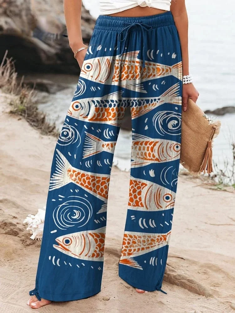 Women's Vintage Lovely Fish Art Printed Cotton And Linen Casual Pants