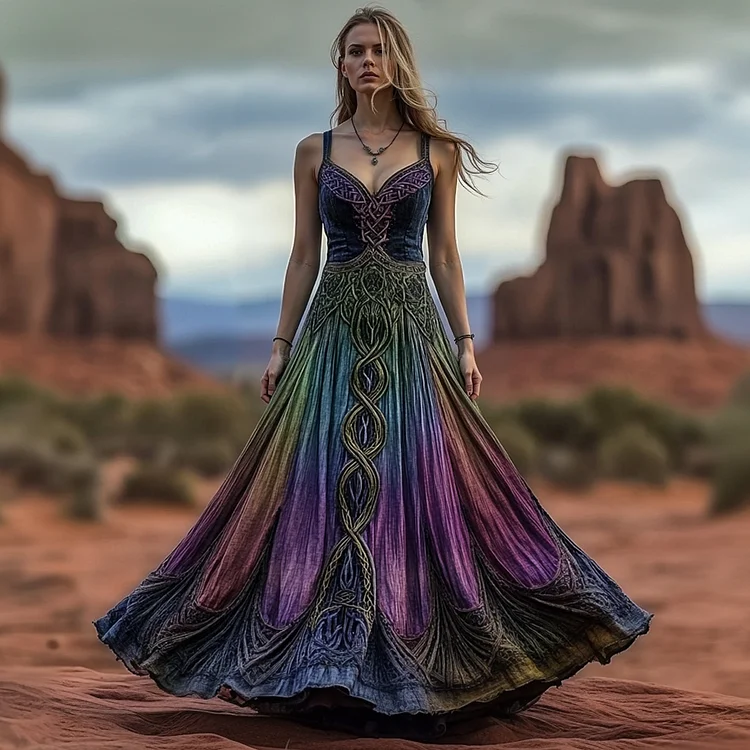 Women's Vintage Viking Celtic Knot Gradient Art Linen Vest Dress