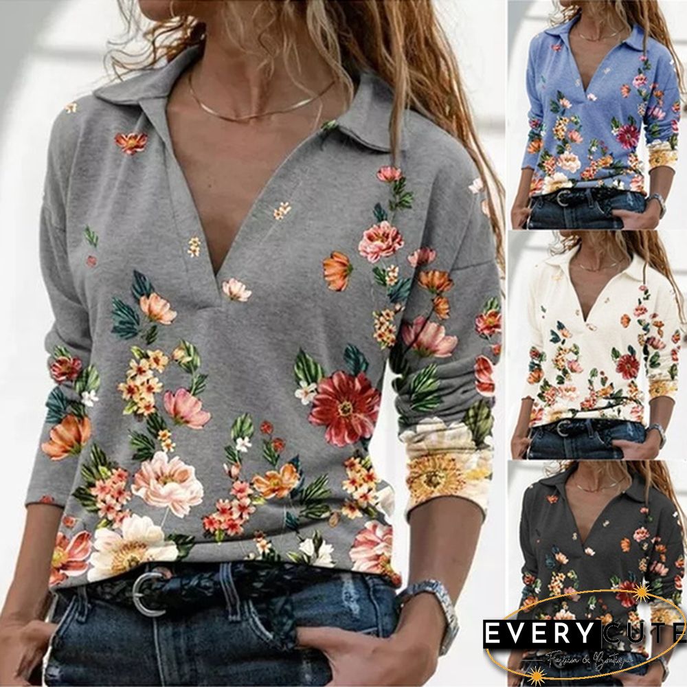 Spring and Autumn Casual Floral Printed Tops Women Fashion Stand Collar Long Sleeve Shirt Pullover Slim Fit Blouses