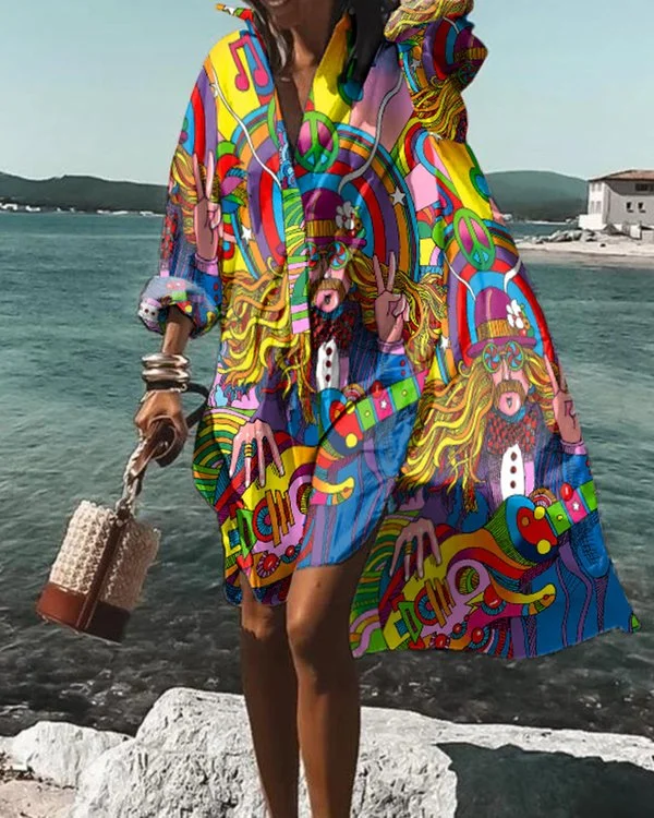 🔥kukelife🔥Hippie Art Print Loose Shirt Midi Dress