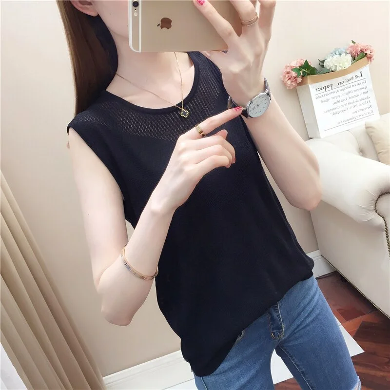 19855 ice silk solid round neck sleeveless vest 32