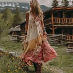 Women's Boho Floral Art V Neck Comfy Sleeveless Maxi Dress - Image 2