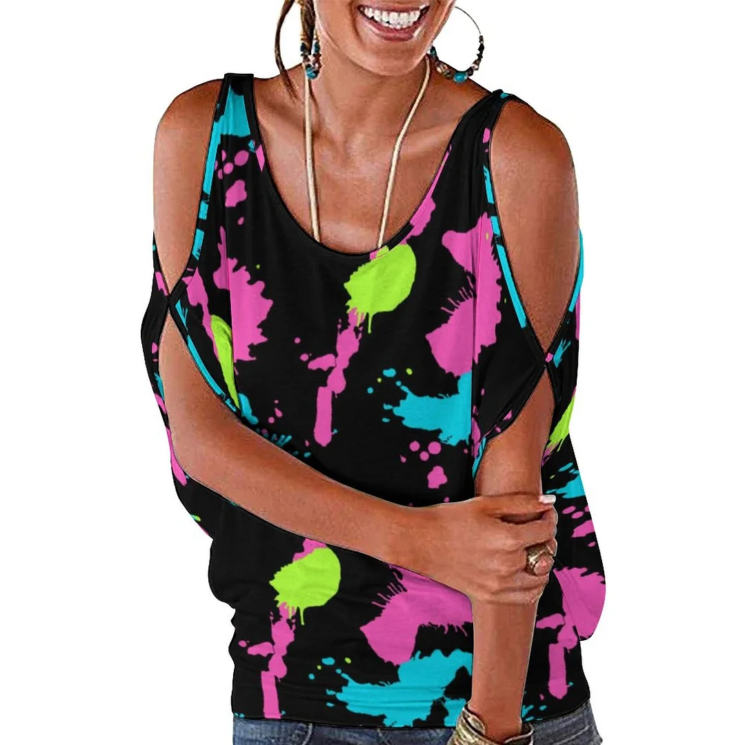 Retro 80S Neon Paint Splatter Colorful Abstract Cold Shoulder Blouse Tops Loose O-Neck Short Sleeve Tee Shirts Summer Tunic