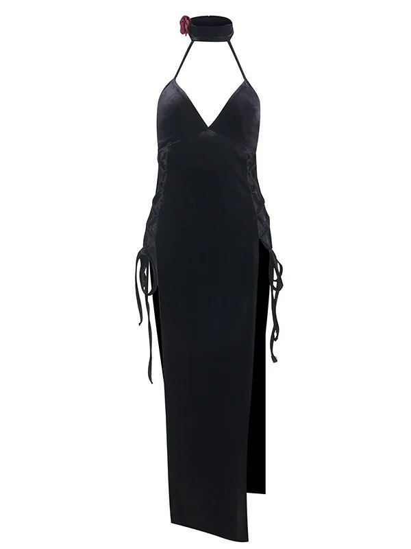 Gothic Dark Bandaged Solid Pattern High-rise Sexy Halter Sleeveless Cutout Slit Bodycon Dress
