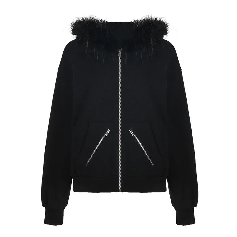 Ueong Zipper Pocket Woolen Collar Hoodie Jacket 2024 Loose Casual Spicy Girls Spliced Cardigan Blouse