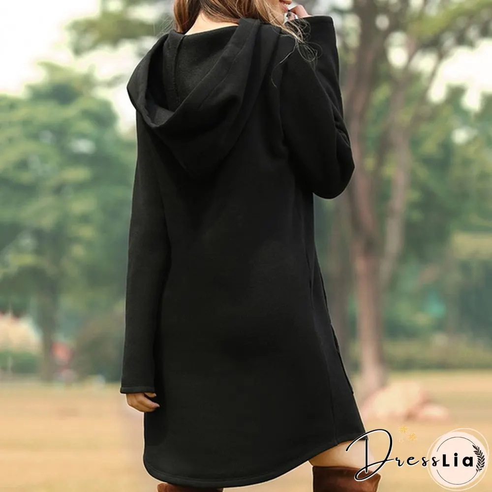 Womens Plus Size Solid Color Long Sleeve Loose Pocket Drawstring Hoodies Dress