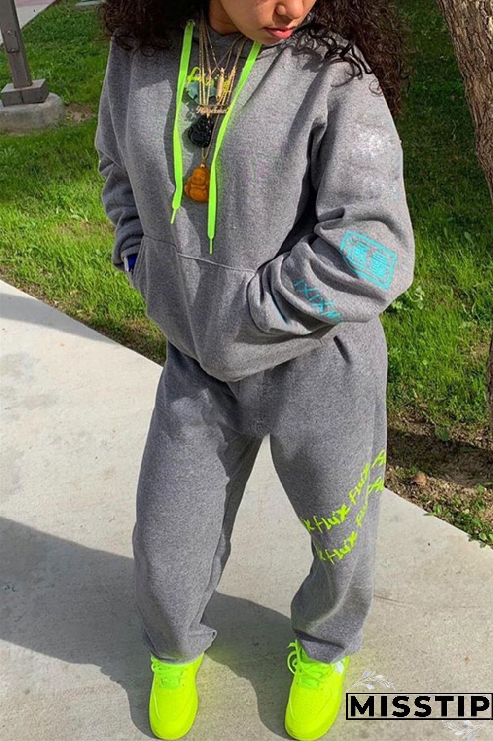Grey Sportswear Solid Patchwork Hooded Collar Long Sleeve Regular Sleeve Regular Two Pieces