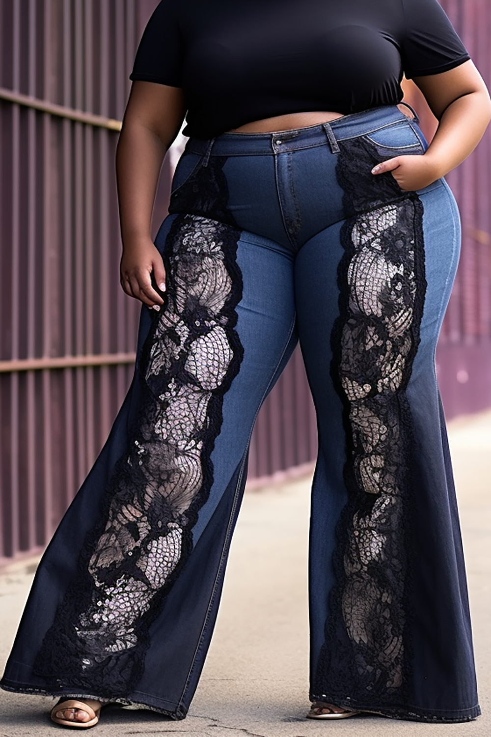 Design Plus Size Daily Blue Contrast Lace Denim Jeans [Pre-Order]