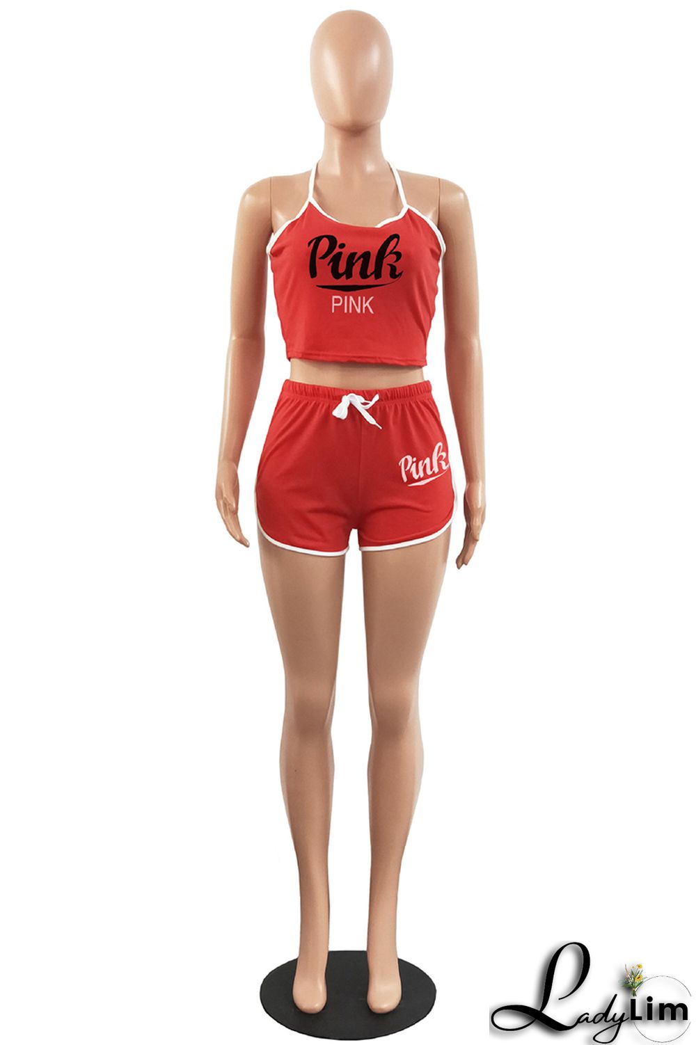 Burgundy Sexy Casual Letter Print Backless Halter Sleeveless Two Pieces