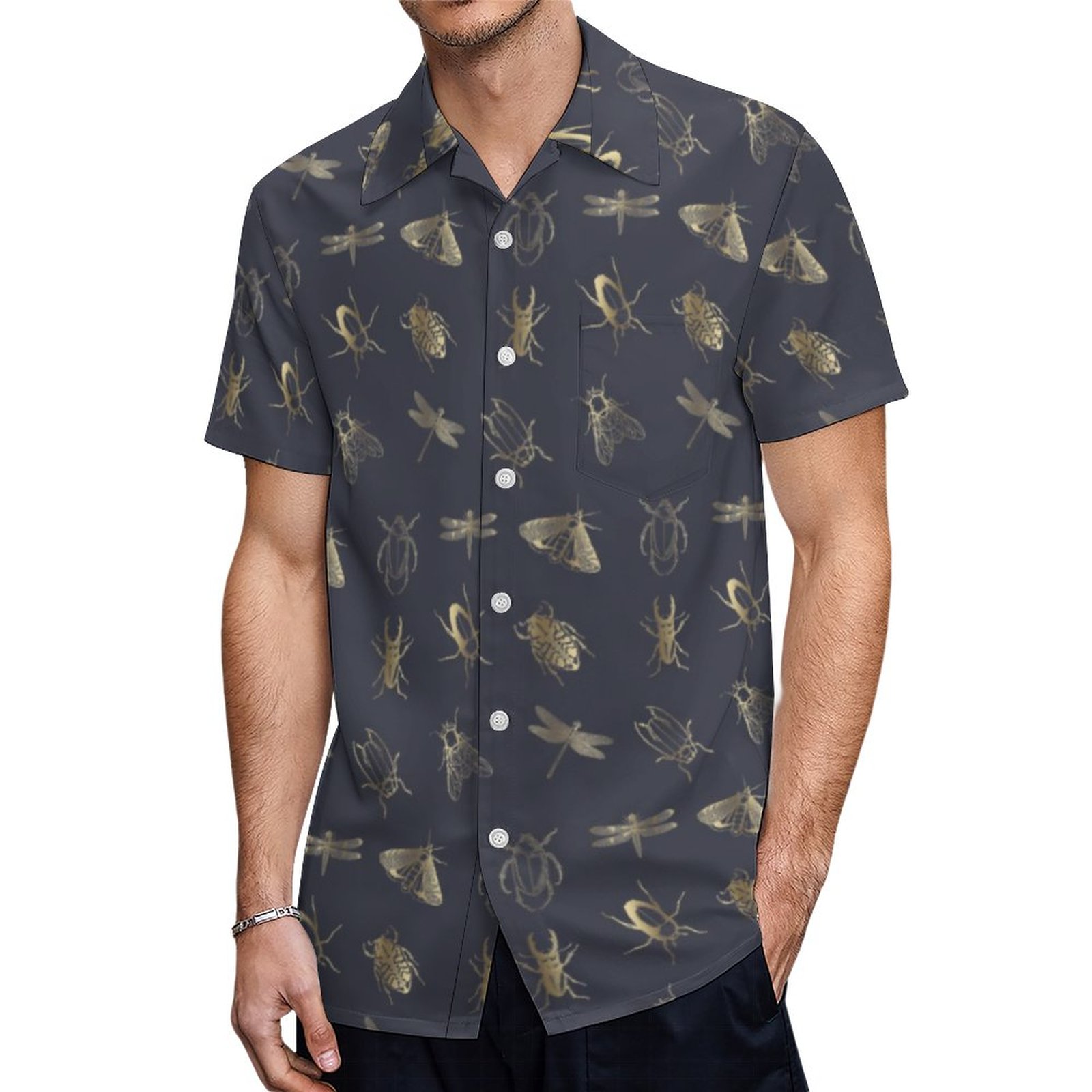 Golden Insects Pattern On Navy Blazer Blue Hawaiian Shirt Mens Button Down Tropical Hawaii Beach Shirts