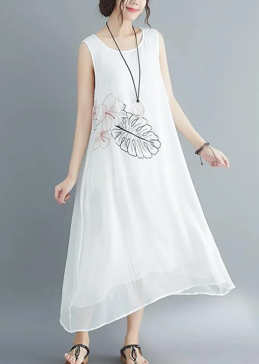Italian white cotton blended clothes Omychic Runway Sleeveless embroidery long Summer Dresses