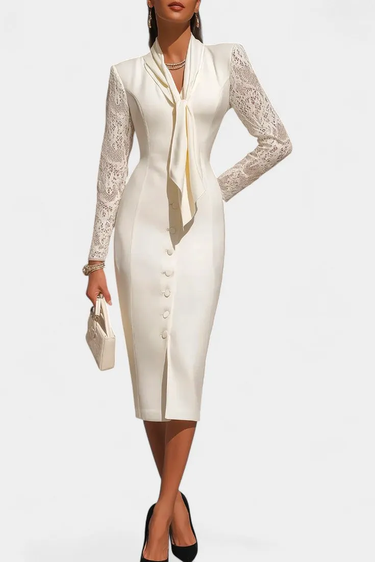 White Tie-Neck Midi Dress with Lace Sleeves