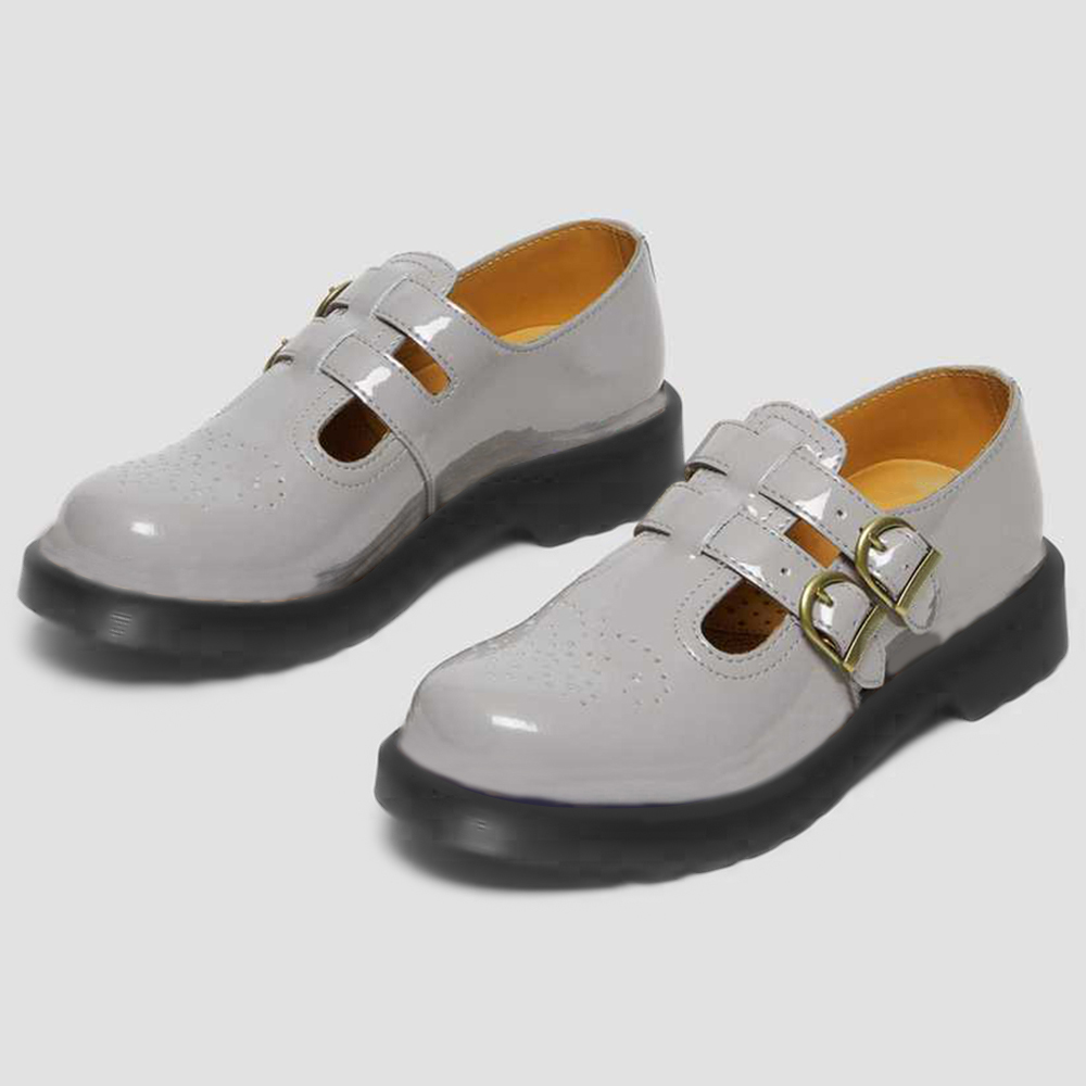 Gray Patent Leather Rounded Toe Flat Lug Sole Loafers with Buckles Nicepairs