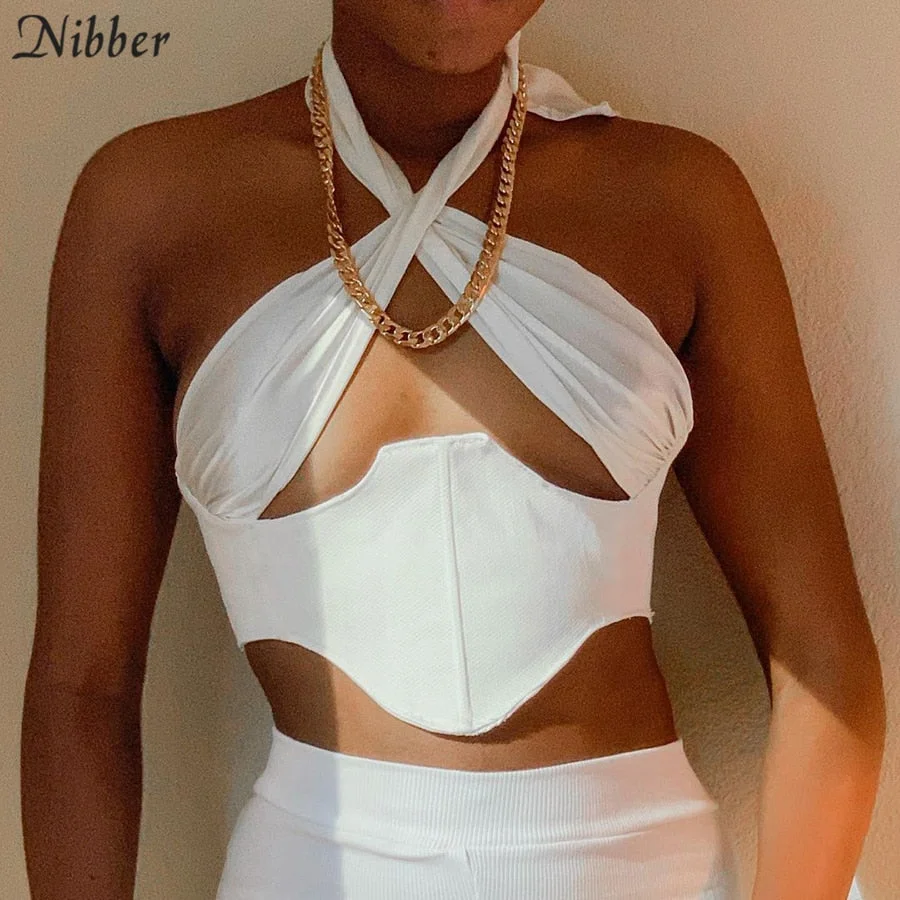 Nibber Backless Irregular Crossover Tie Up Zipper Crop Tops Y2k Women 2021 Chic Cut Hole Stitching Halter Camisole Streetwear