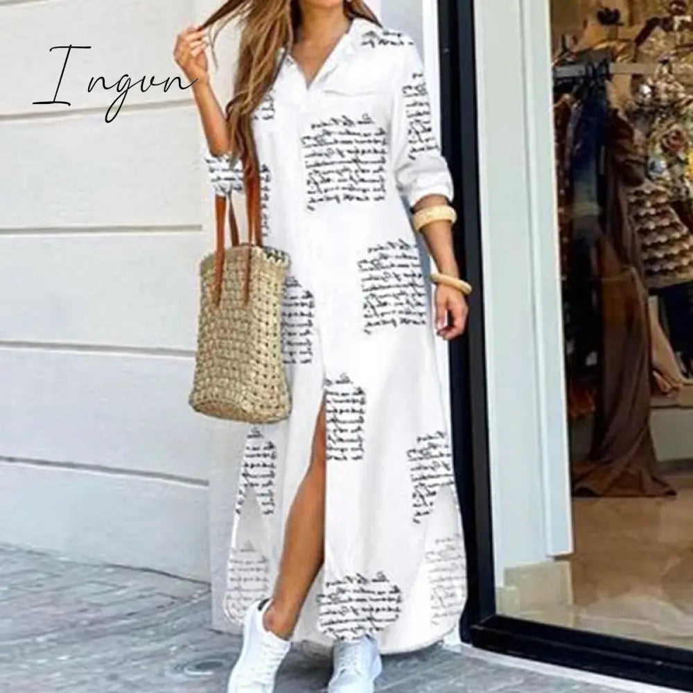 Ingvn - Fashion Women Long Sleeve Shirt Dress Autumn Printed Ol Dresses Laides Turn - Down Collar