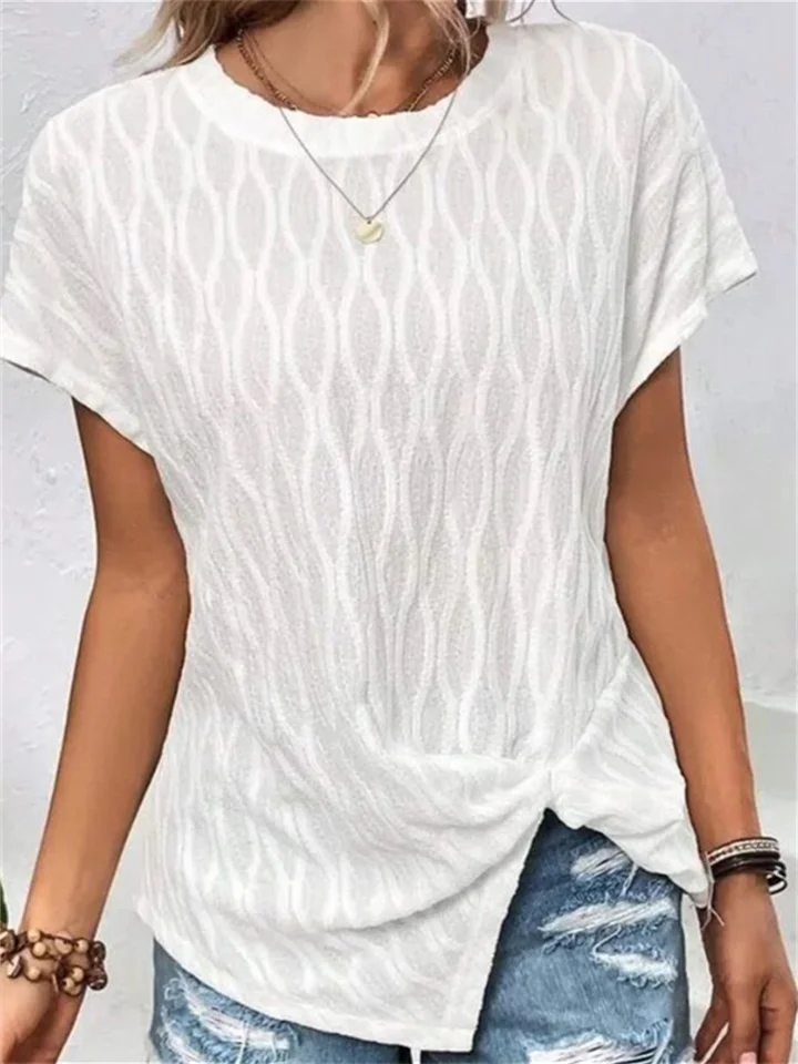 Summer New Women's Casual Loose Solid Color Round Neck Bat Sleeve Short-sleeved Temperament Commuter Open Type T-shirt-Cosfine