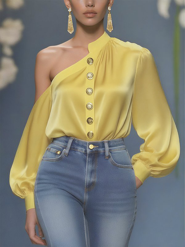 Solid Color Pleated Buttoned Asymmetric Loose Long Sleeves One-Shoulder Blouses&Shirts Tops YELLOW-2XL