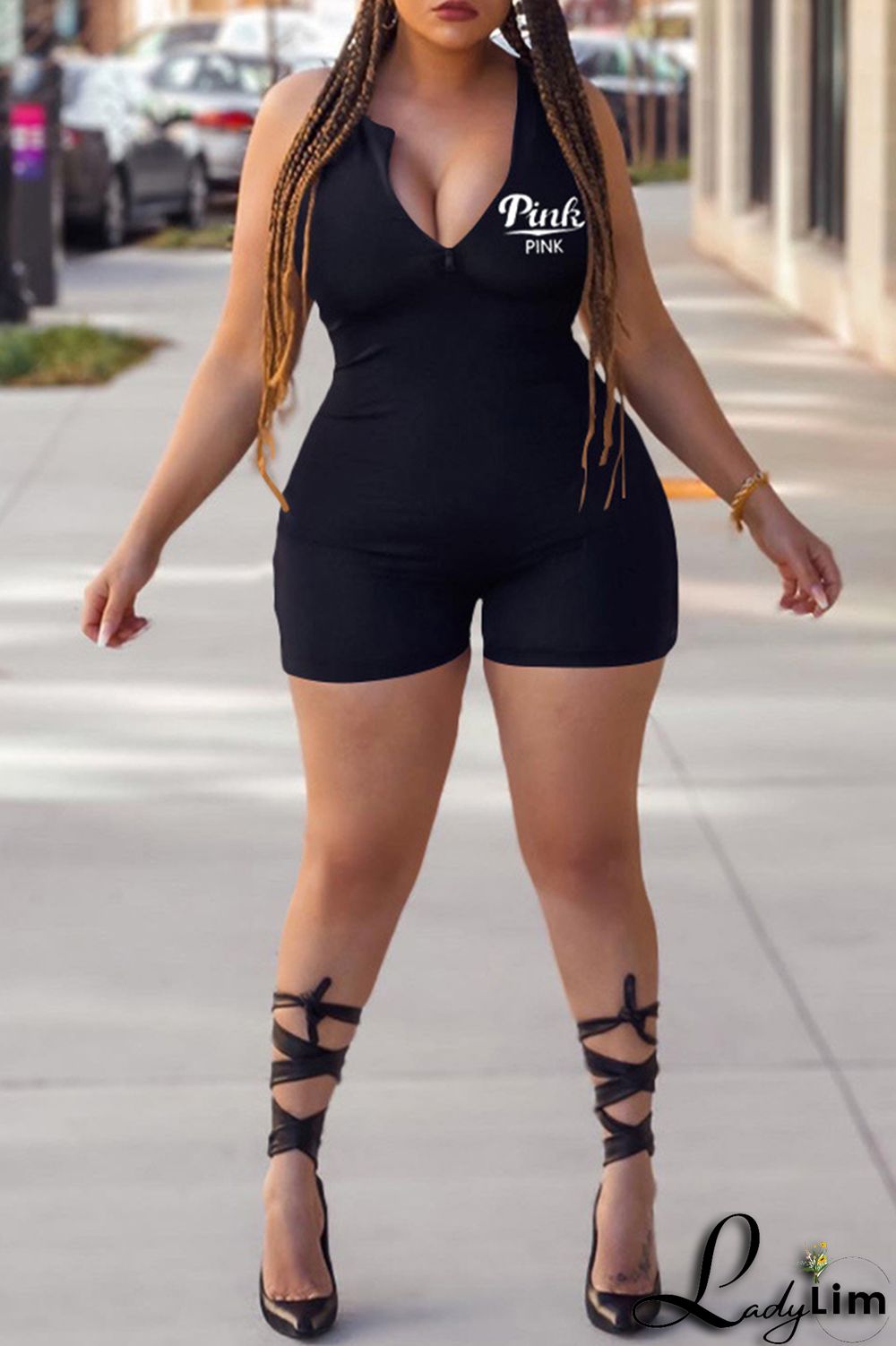 Blue Fashion Casual Letter Print Basic Zipper Collar Skinny Romper