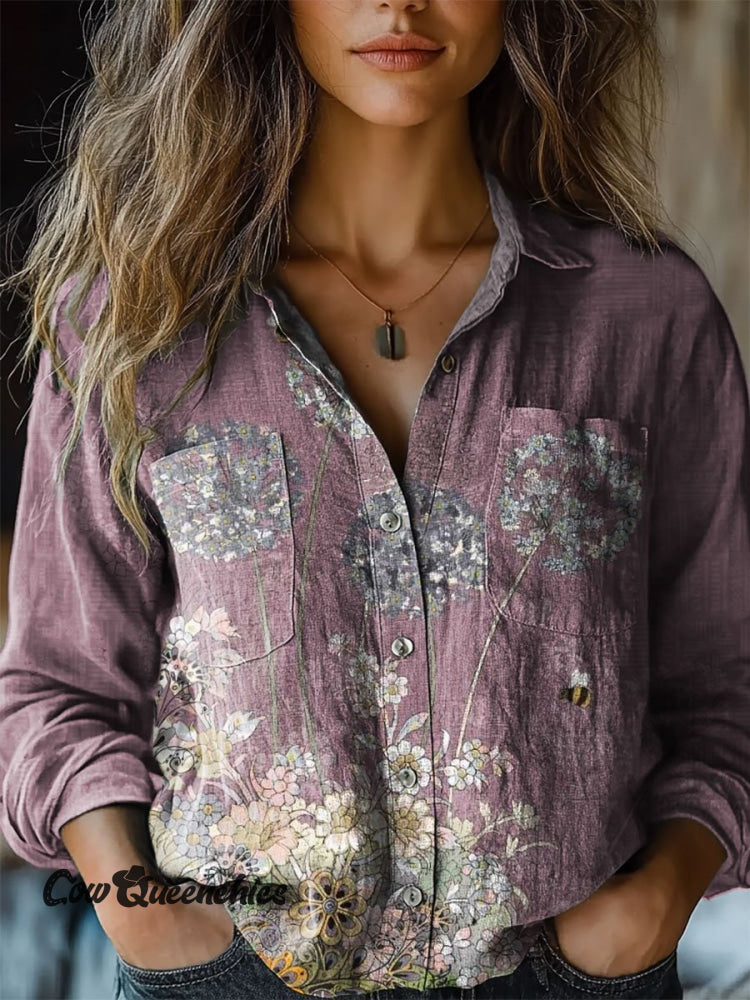 Women’s Vintage Floral Art Print Casual Long Sleeve Comfortable Cotton Shirt Multicolor / S