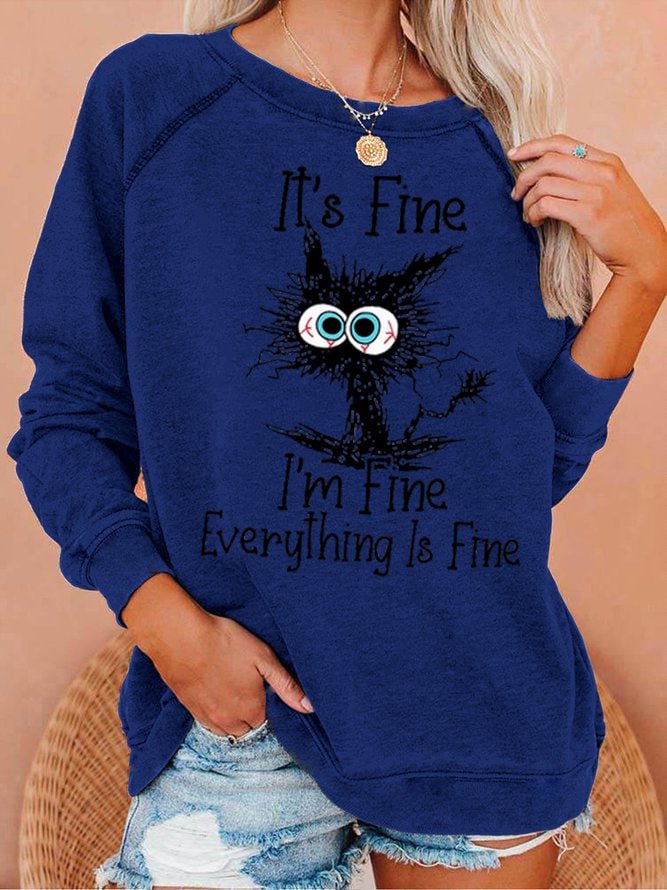 Women's Funny I Am Fine Black Cat Letter Crew Neck Sweatshirt