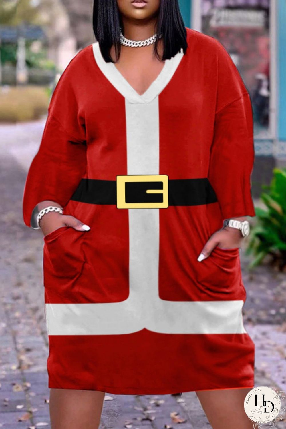 Red Casual Print Patchwork V Neck Long Sleeve Dresses