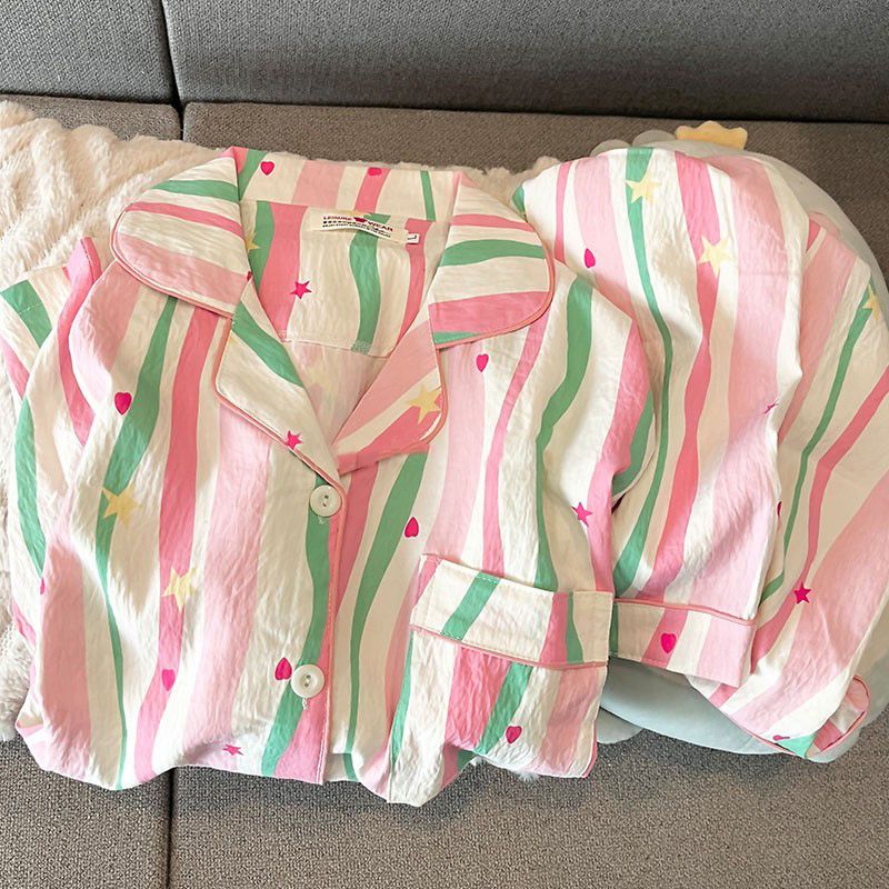 Cookycrumble Striped Sleepwear Women Pajama Sets Korean Piiama Sets 2 Pieces Pocket Night Wears Short Sleeve Pyjamas Summer Home Suit 2025