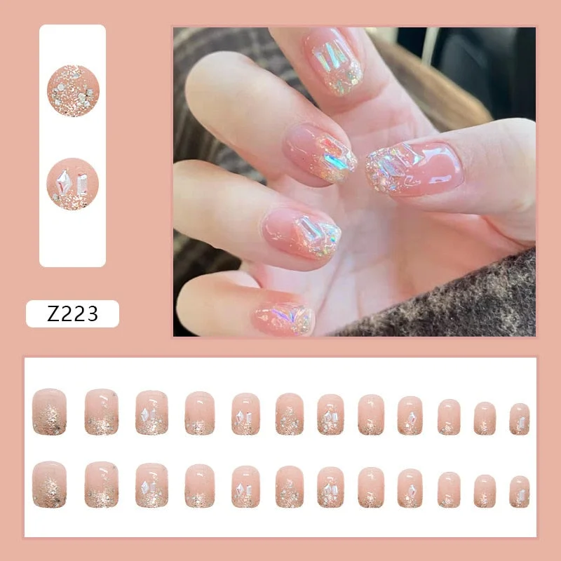 Fall nails Christmas nails 24pcs/pack Diamond Shiny Wearable Nail Finished Wholesale Transparent Cute Detachable False Nail Art Romance