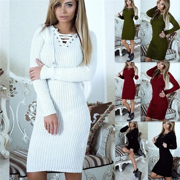 Long Knitted Sweaters Dress for Women Slim Bodycon Dress Pullover Female Spring Casual V-Neck Bandage Mini Dress
