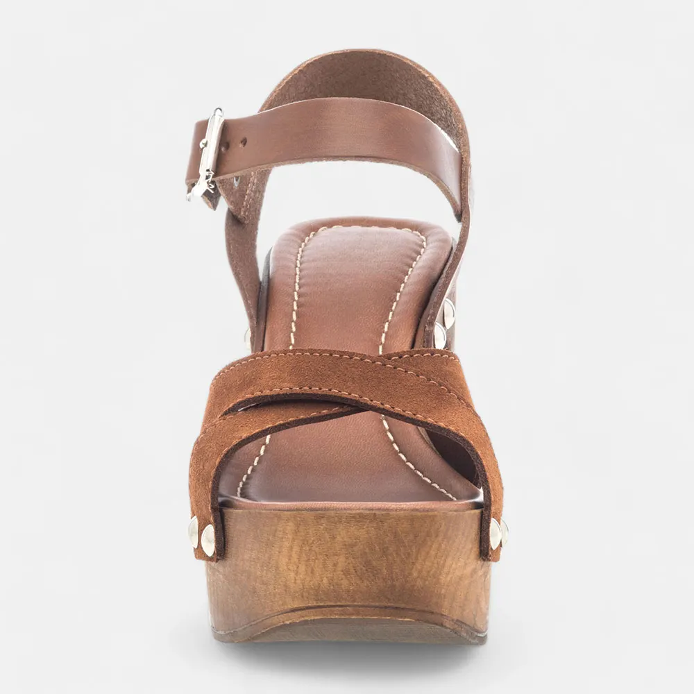 Brown Vegan Leather Open-Toe Studded Strappy Platform Heel Sandals