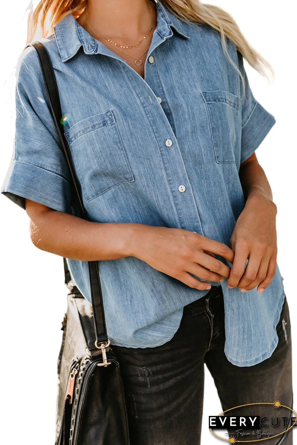 Light Blue Turn-down Collar Short Sleeve Denim Shirt