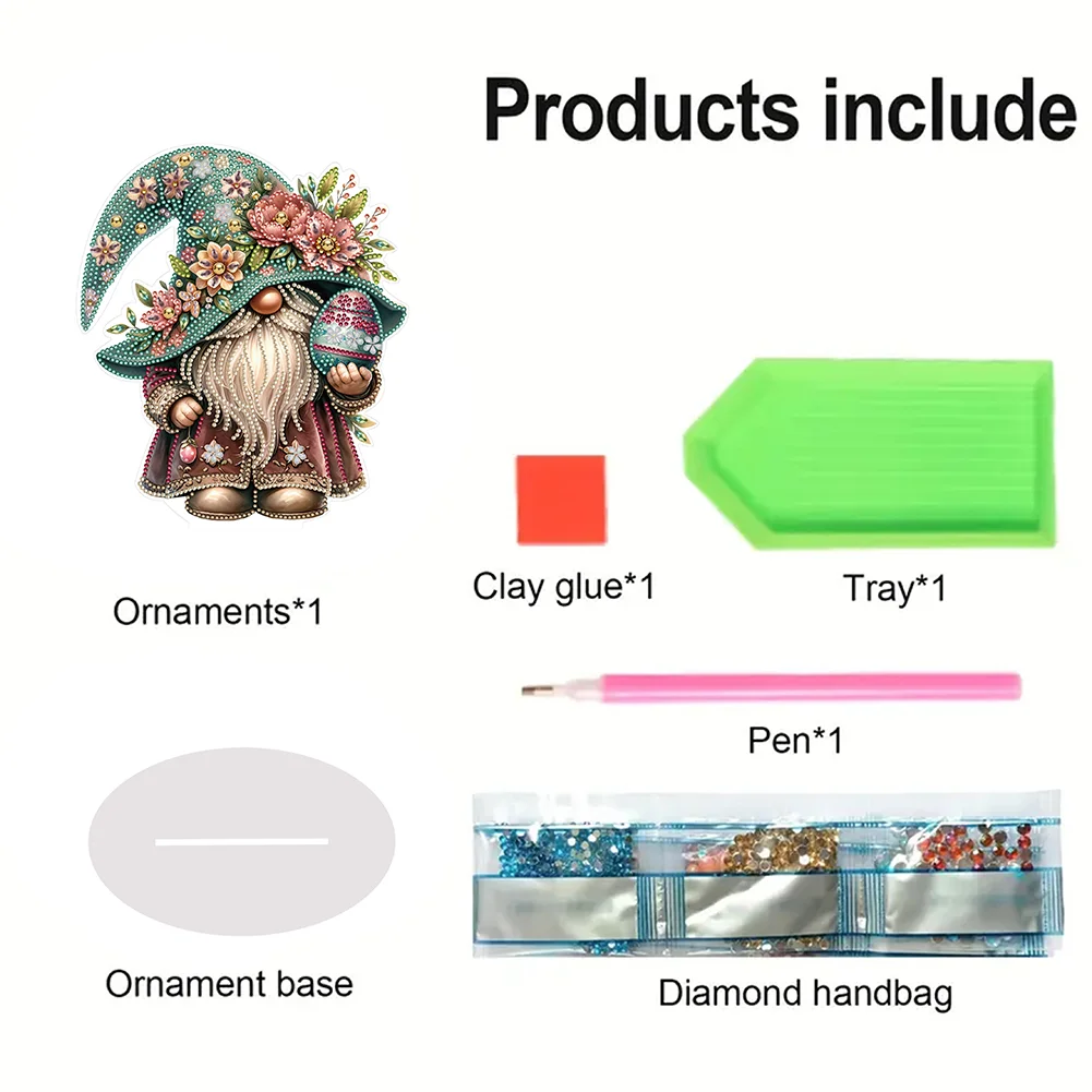 DIY Easter Egg Gnome Single-Sided Acrylic Diamond Painting Tabletop Ornament for Home Office Desktop Decor