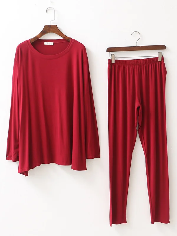 Simple Solid Color Long Sleeve Loose Modal Pajamas Sets