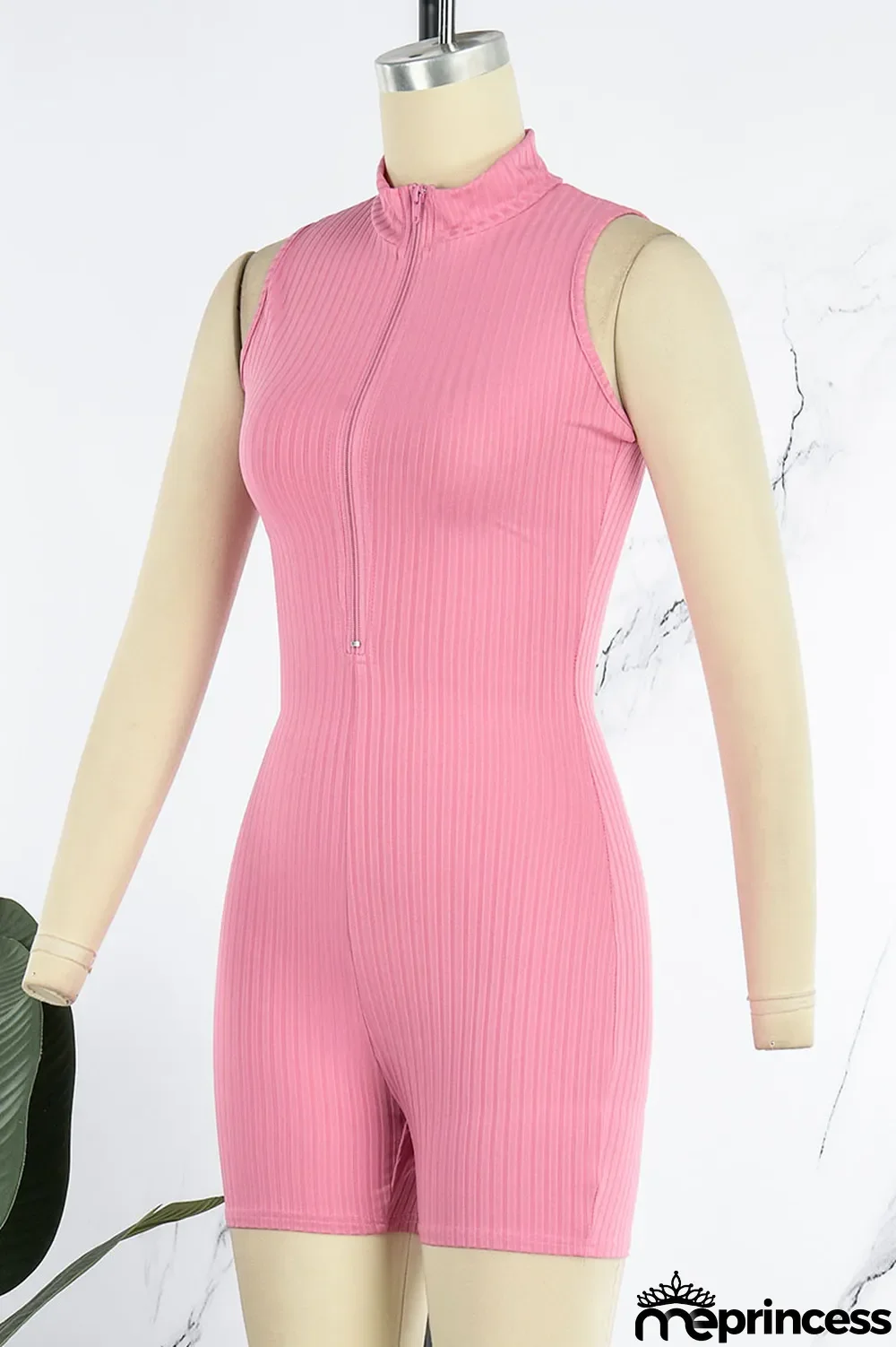 Pink Casual Solid Patchwork Zipper Collar Skinny Jumpsuits