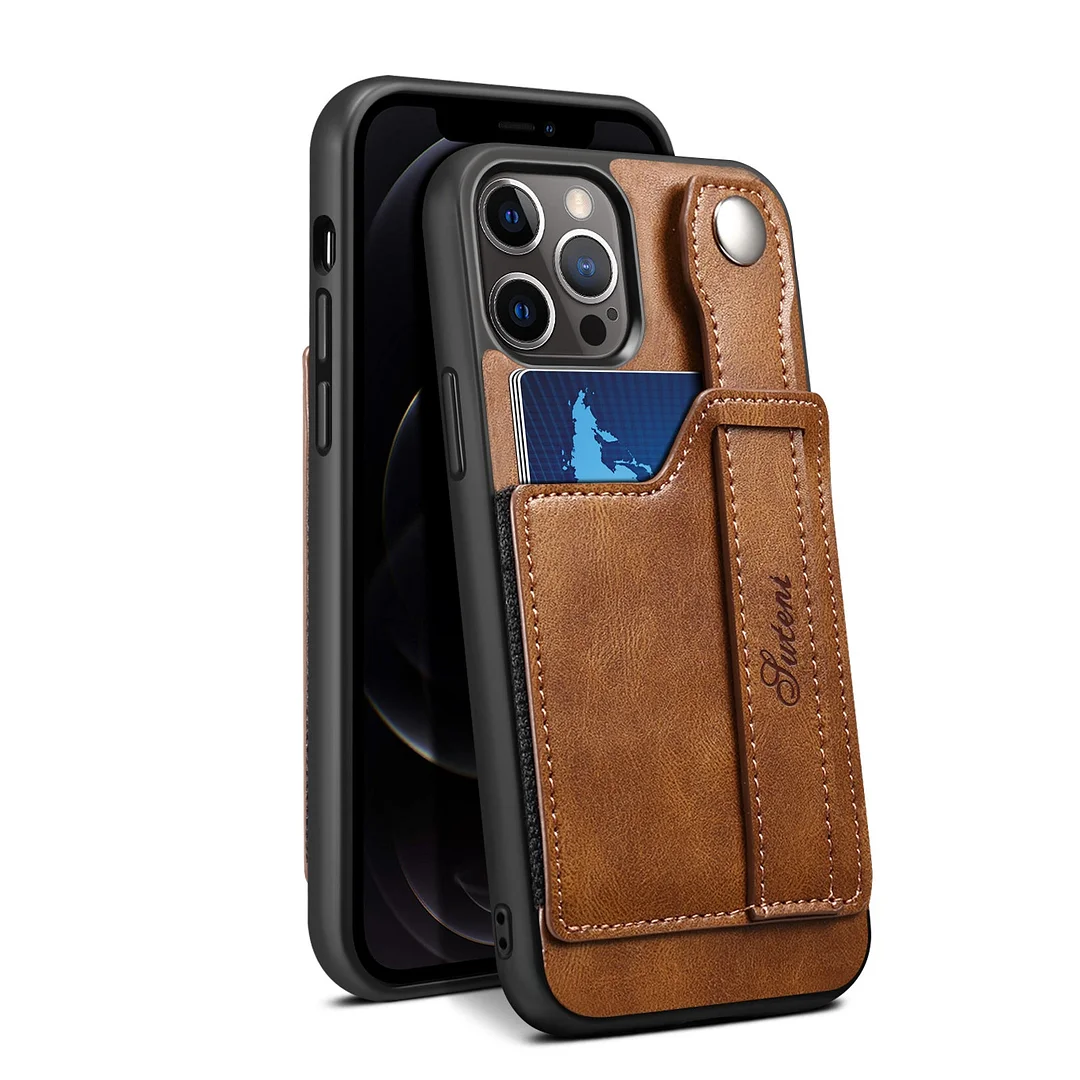 Leather case with card slot, hand strap, back cover for iPhone