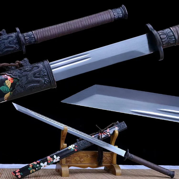 Flower pattern scabbard black Samurai sword, Black dragon carving tsuba katana,silver blade Japan handmade katana swords,anime cosplay sword Active