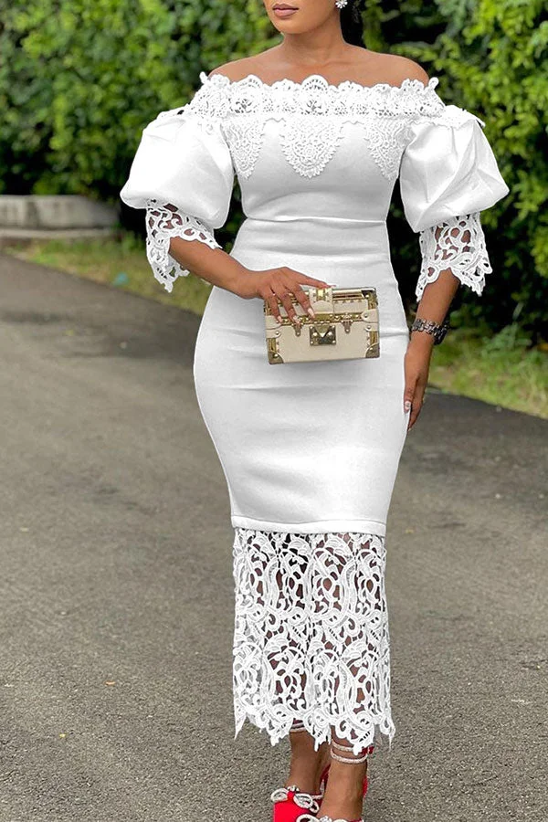 Lace Patchwork Elegant Off Shoulder Midi Dress