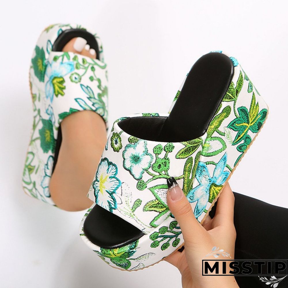 Black Patchwork Printing Round Out Door Wedges Shoes (Heel Height 2.36in)