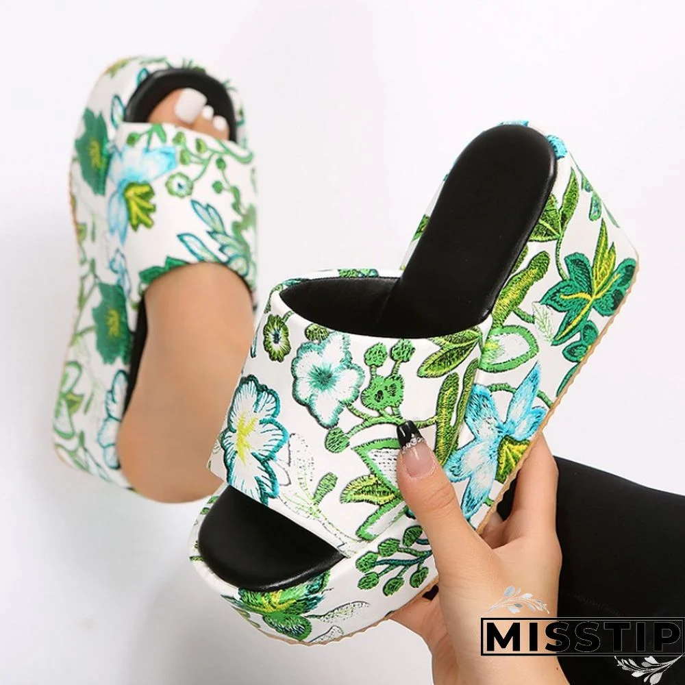 Black Patchwork Printing Round Out Door Wedges Shoes (Heel Height 2.36in)