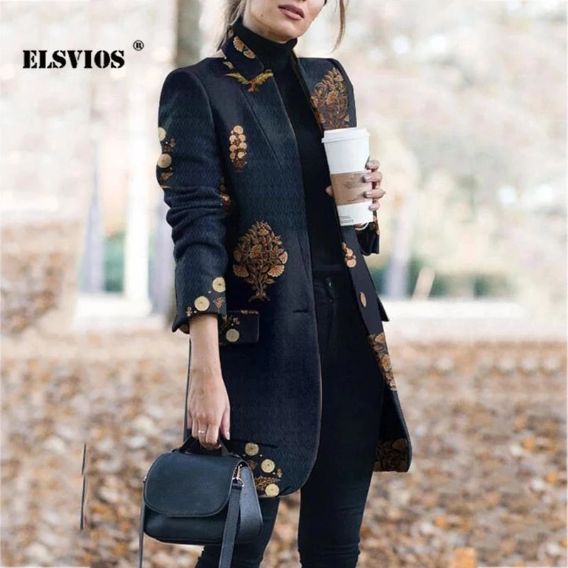 Autumn Winter New Fashion Women Stand Collar Print Jackets Casual Long Sleeves Elegant Office Lady Cardigan Slim Buttons Jackets